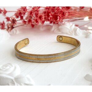 24k Gold Electroplated Dual Silver & Gold Toned Vintage Ribbed Bracelet Bangle